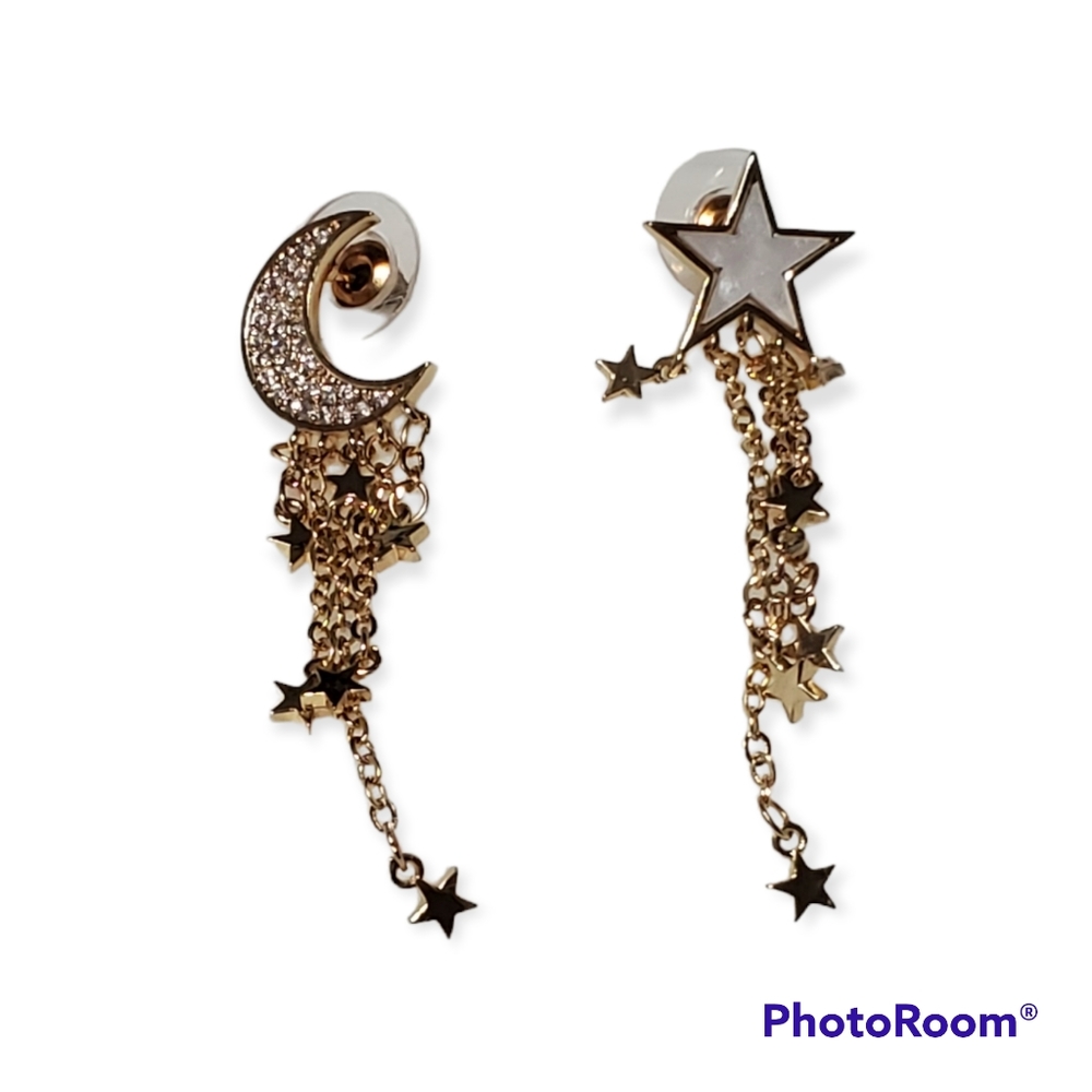 Moon & Star Earrings Zircon & Mother of pearl, Gold Plated over Stainless Steel